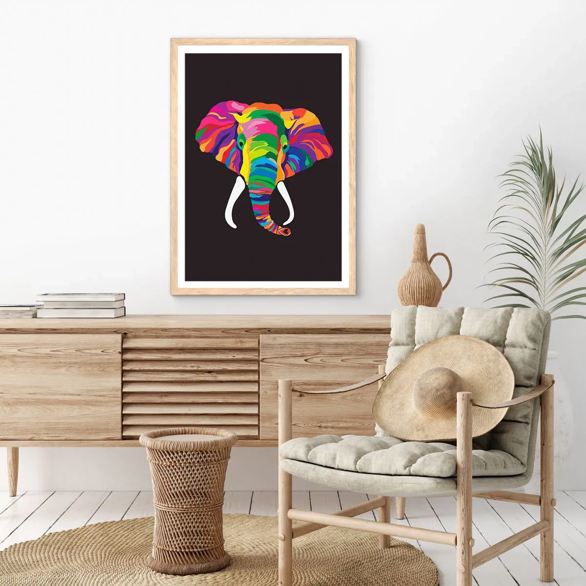 Affiche dans un chêne clair - Poster - L'éléphant qui aimait se baigner dans un arc-en-ciel - 61x91 cm