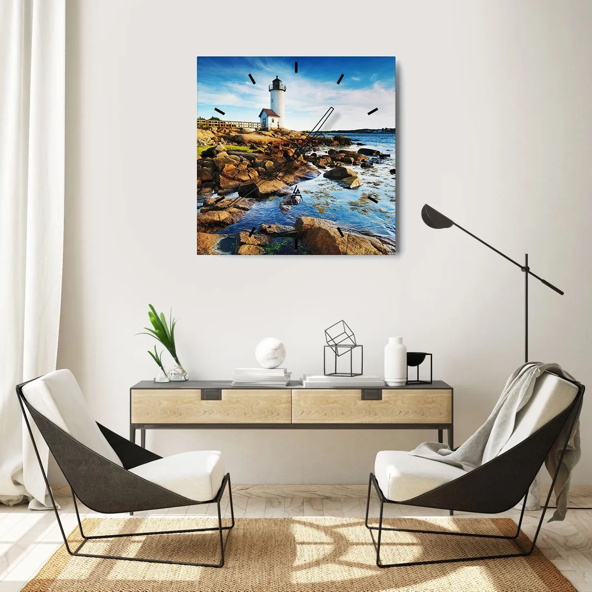 Horloge murale - Pendule murale - Un phare sur une côte rocheuse par une journée ensoleillée - 30x30cm - Revenez heureux, j'attends - Décoration murale moderne pour le salon et la chambre ARTTOR