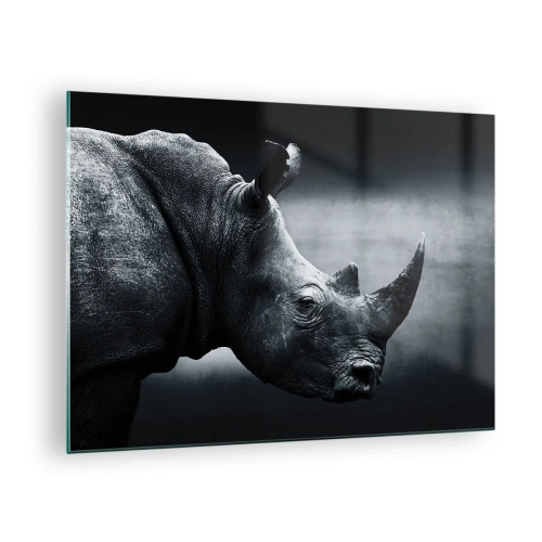 Impression sur verre - Image sur verre - Photographie en noir et blanc d'un rhinocéros - 70x50cm - Le profil droit - Décoration murale moderne pour le salon et la chambre ARTTOR