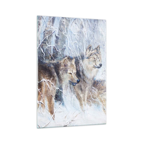 Impression sur verre - Image sur verre - Loups dans une forêt hivernale sur fond de neige - 70x100cm - Attention! Ca arrive ... - Décoration murale moderne pour le salon et la chambre ARTTOR