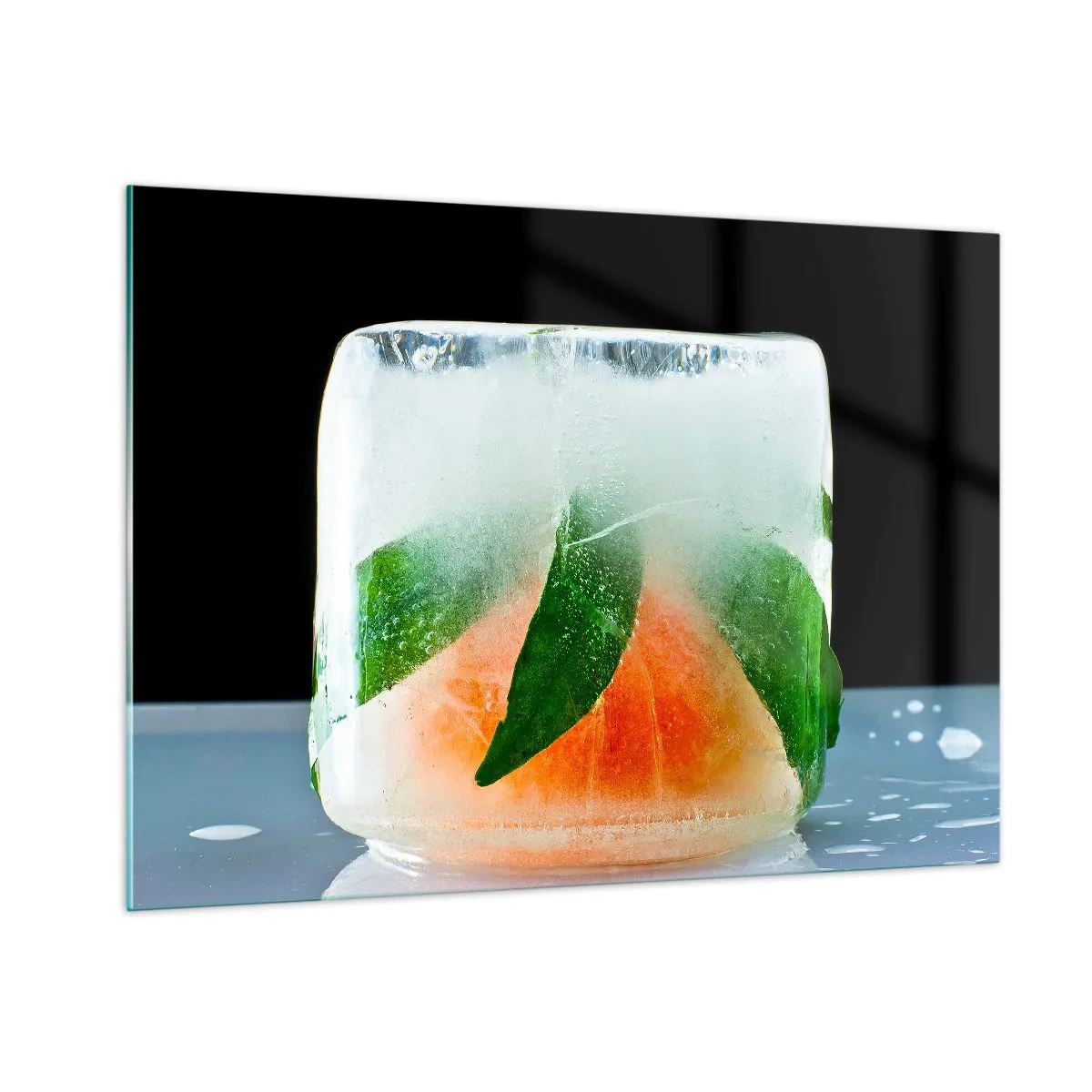 Impression sur verre - Image sur verre - Fruits et feuilles congelés dans de la glace transparente - 100x70cm - Fraîcheur et rafraîchissement - Décoration murale moderne pour le salon et la chambre ARTTOR