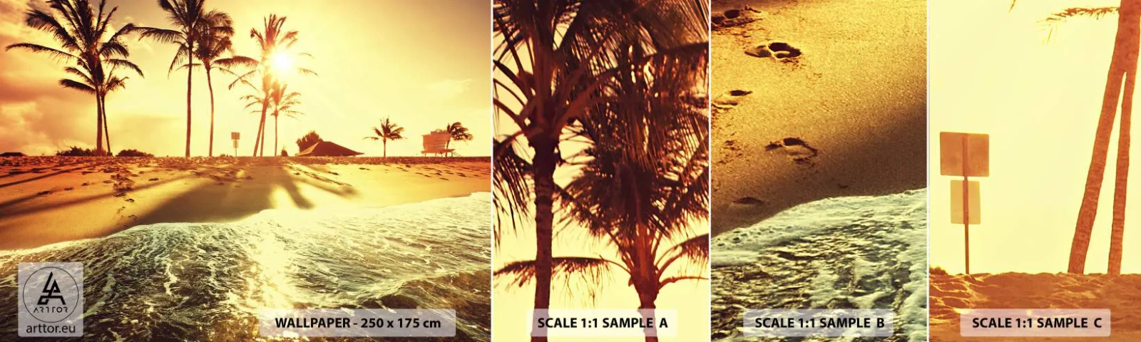 Échantillon de Papier Peint Autocollant Deluxe Sticker - Après-midi californien - Paysage, Plage, Cocotier - 100x30 cm