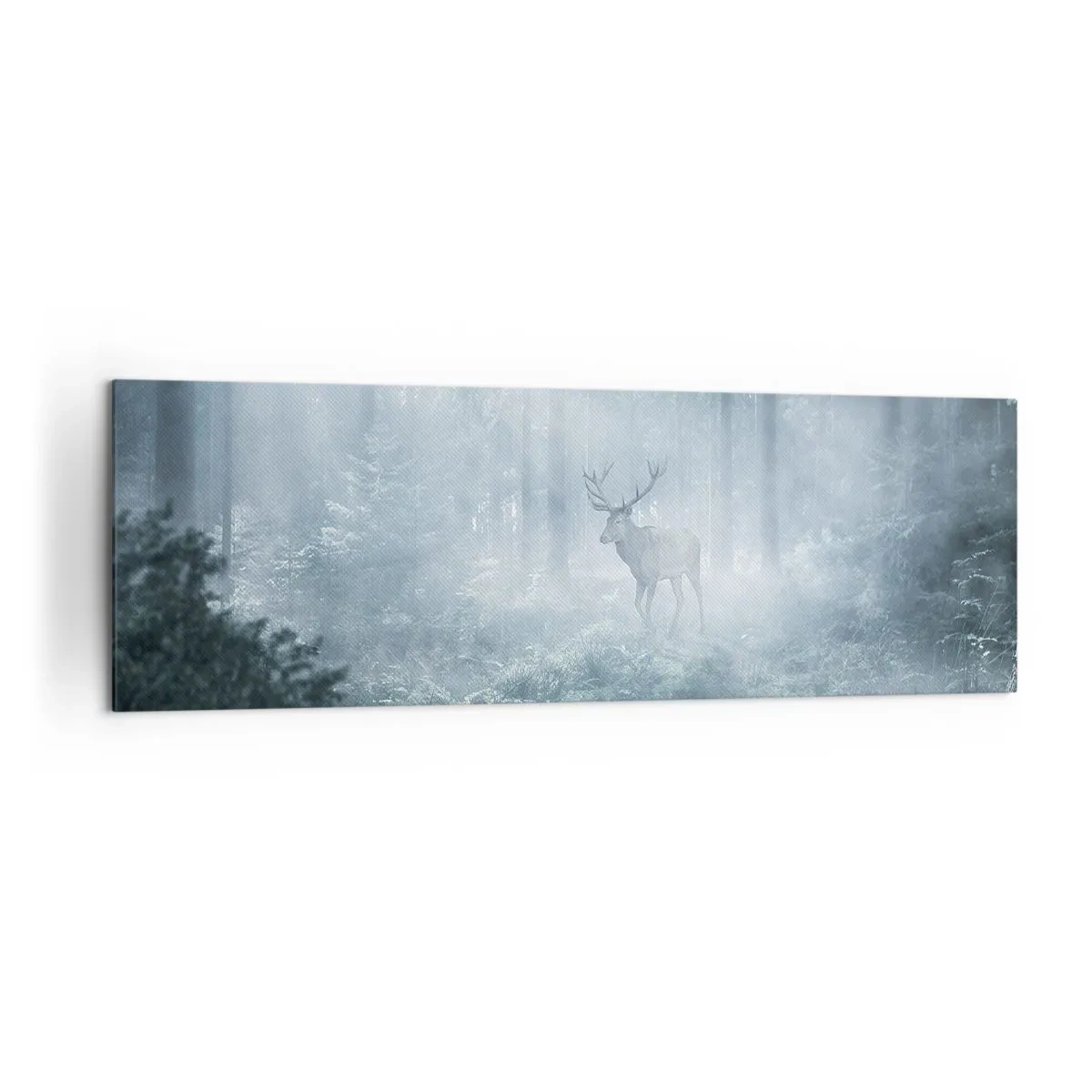 Impression sur toile - Image sur toile - Un cerf dans une forêt dense enveloppée de brume matinale - 160x50cm - Visite matinale du domaine - Décoration murale moderne pour le salon et la chambre ARTTOR