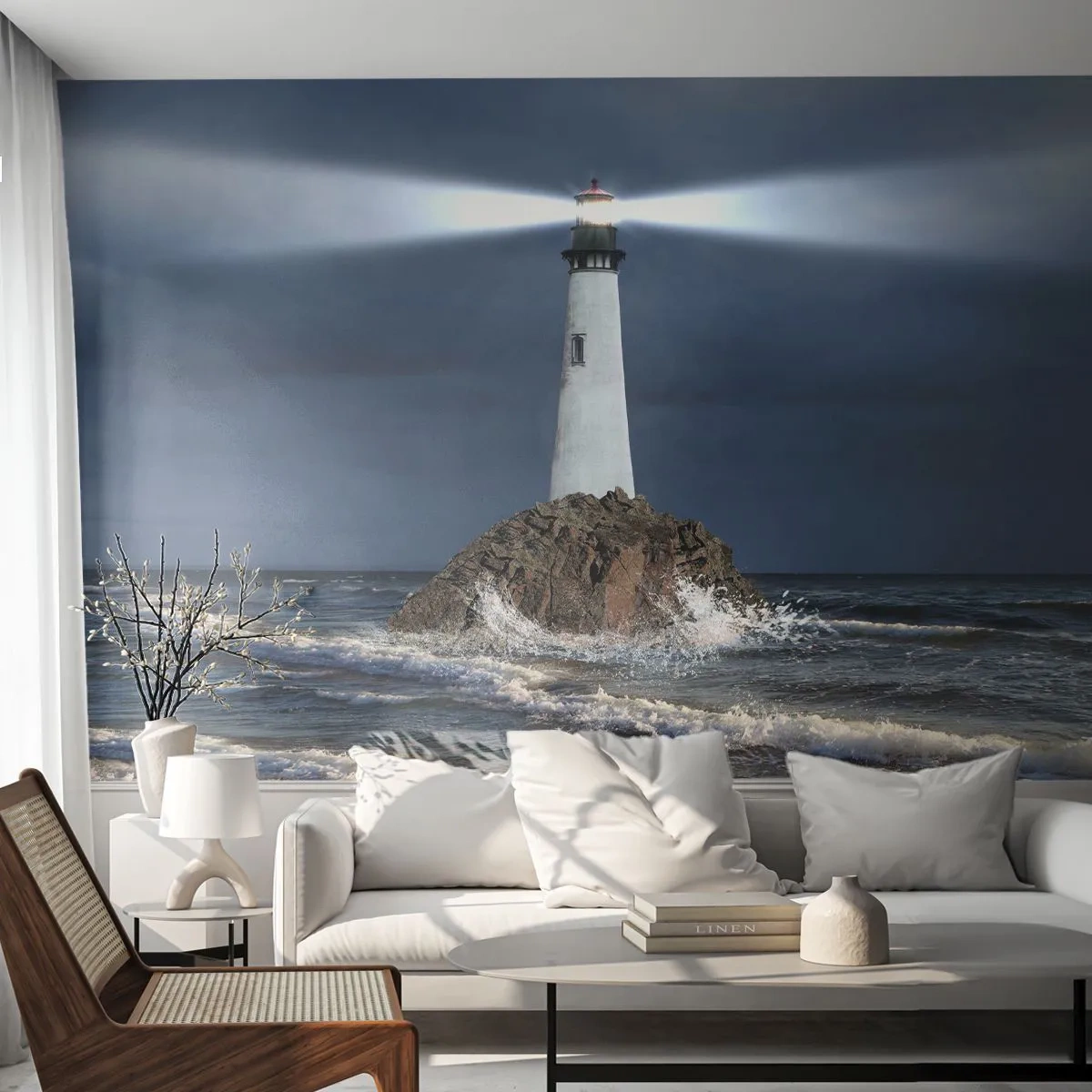 Papier Peint Photo Premium Sand - Un phare sur un rocher au milieu d'une mer agitée - 100x70cm - I… i… ici ! - Décoration murale moderne pour le salon et la chambre ARTTOR