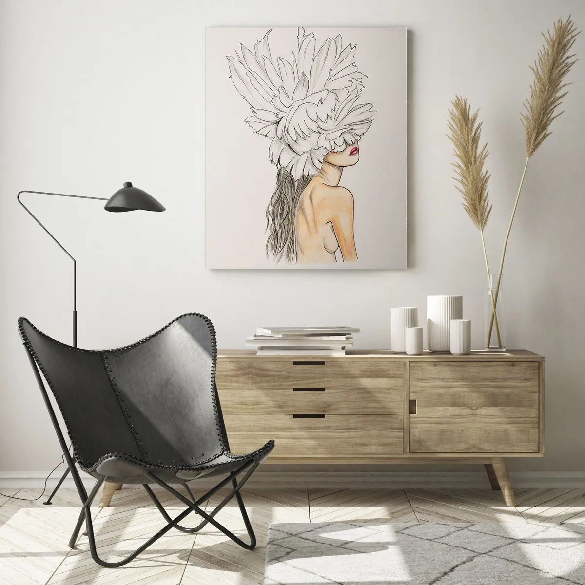 Impression sur verre - Image sur verre - Portrait d'une femme avec décoration de plumes dans un style artistique - 70x100cm - Beauté couronnée - Décoration murale moderne pour le salon et la chambre ARTTOR