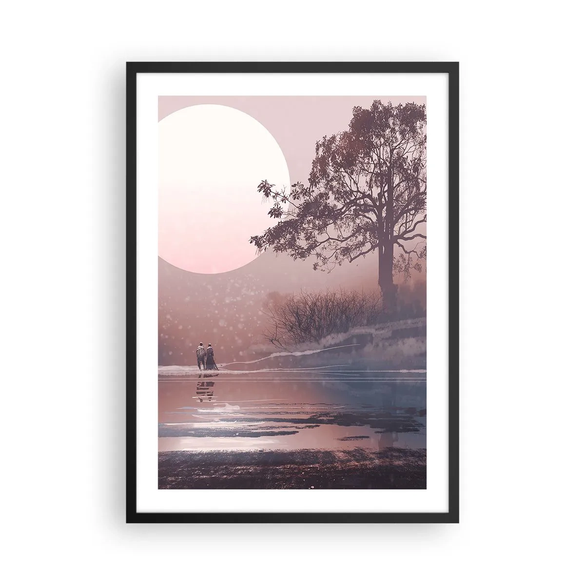 Affiche dans un cadre noir - Poster - Paysage romantique avec la lune et un arbre au bord de l'eau - 50x70cm - Merveilles de la nuit - Décoration murale moderne pour le salon et la chambre ARTTOR