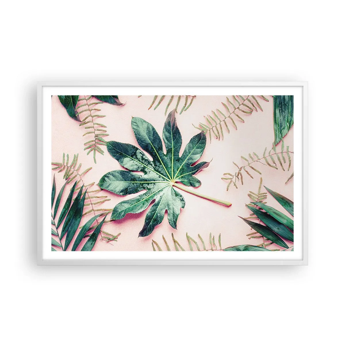 Affiche dans un cadre blanc - Poster - Étude de verdure sur fond rose - 91x61 cm
