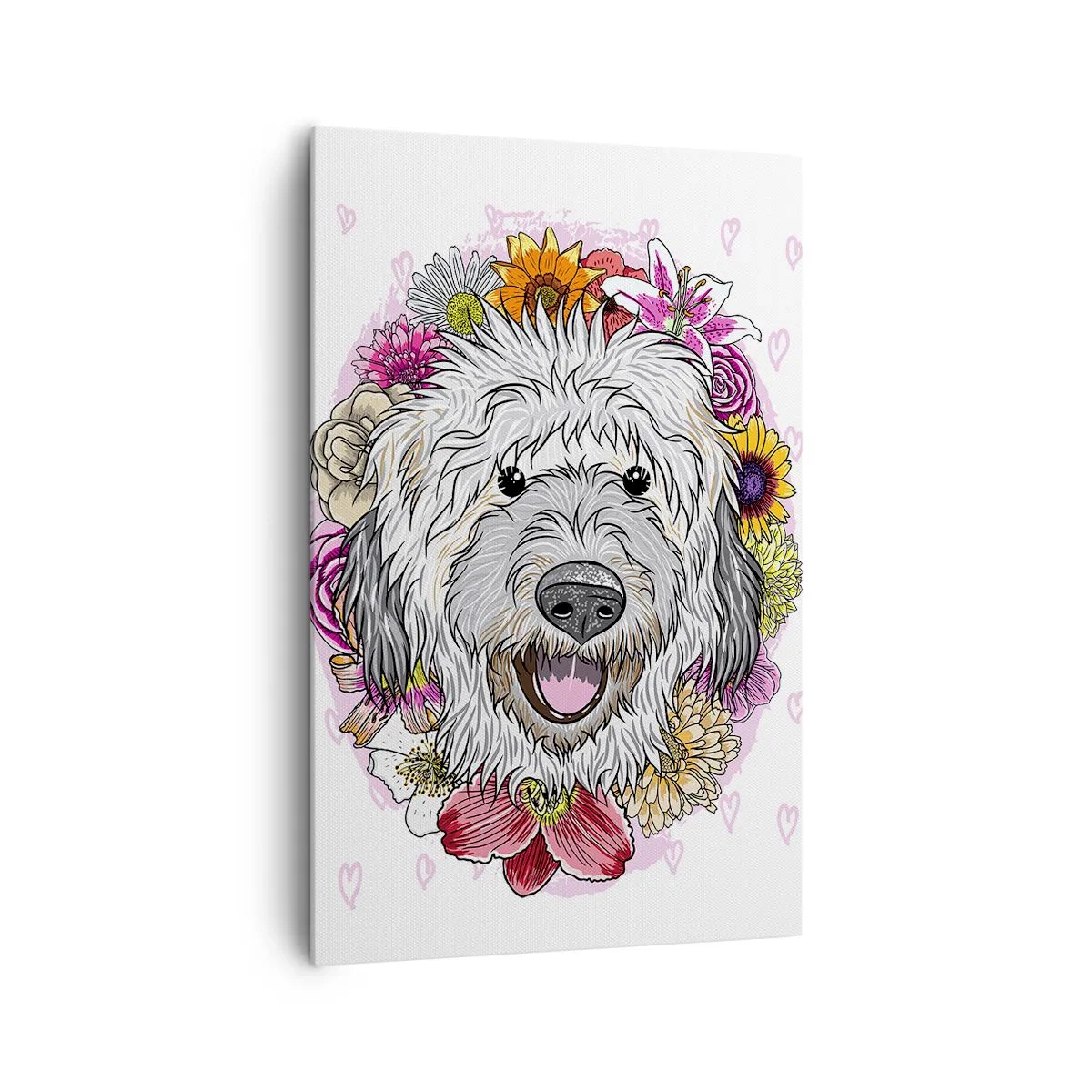 Impression sur toile - Image sur toile - Un chien entouré de fleurs colorées - 80x120cm - La joie du chiot - Décoration murale moderne pour le salon et la chambre ARTTOR