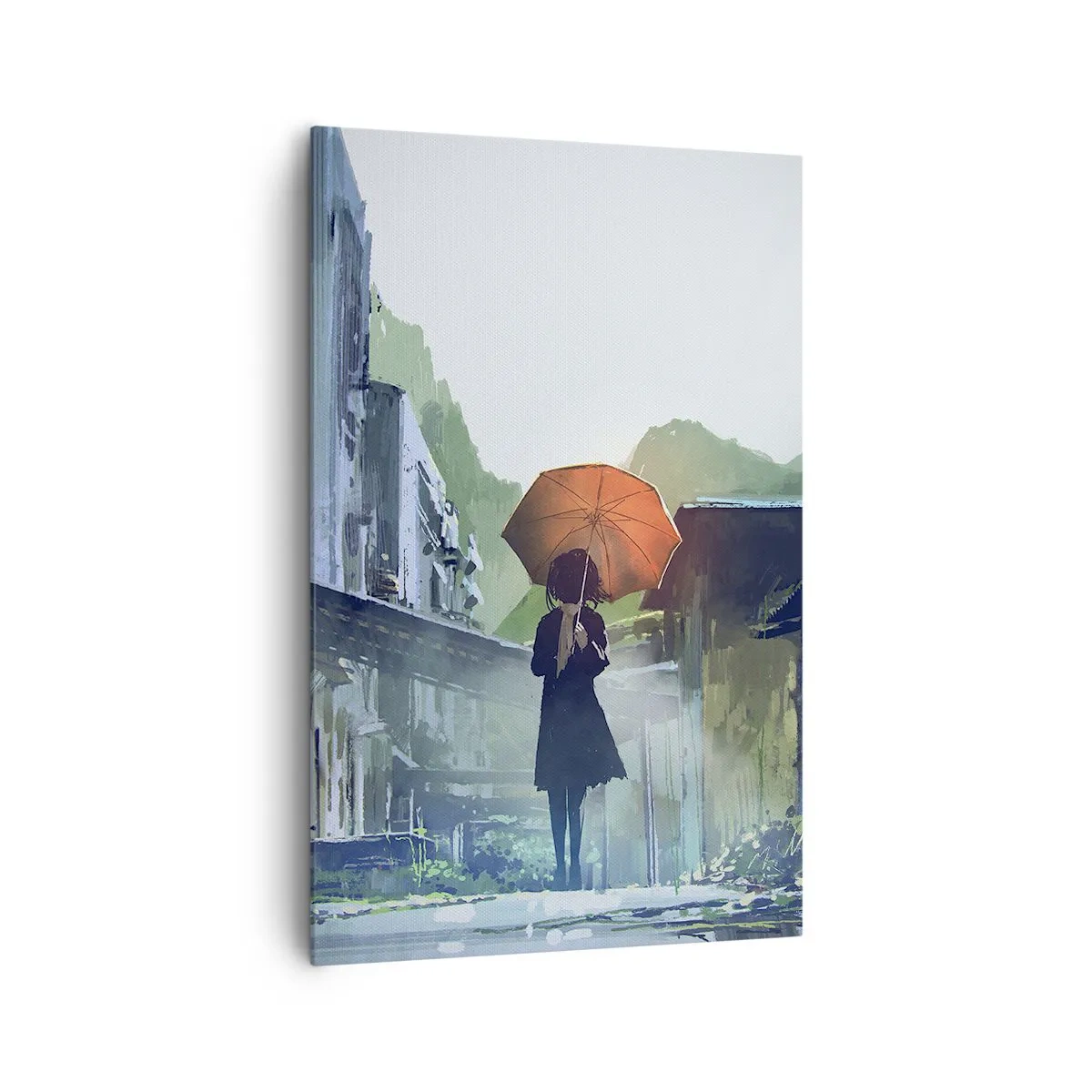 Impression sur toile - Image sur toile - Une silhouette avec un parapluie dans une ville pluvieuse - 80x120cm - Pluie vivifiante - Décoration murale moderne pour le salon et la chambre ARTTOR