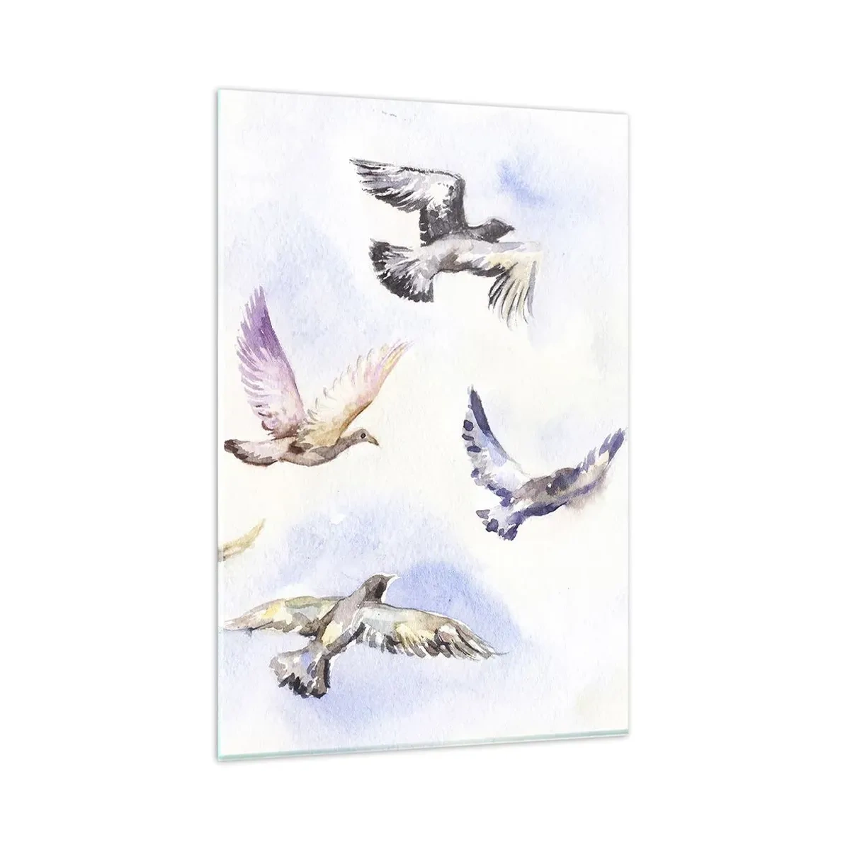 Impression sur verre - Image sur verre - Oiseaux à l'aquarelle en vol sur un ciel délicat - 80x120cm - Liberté en gris et bleu - Décoration murale moderne pour le salon et la chambre ARTTOR