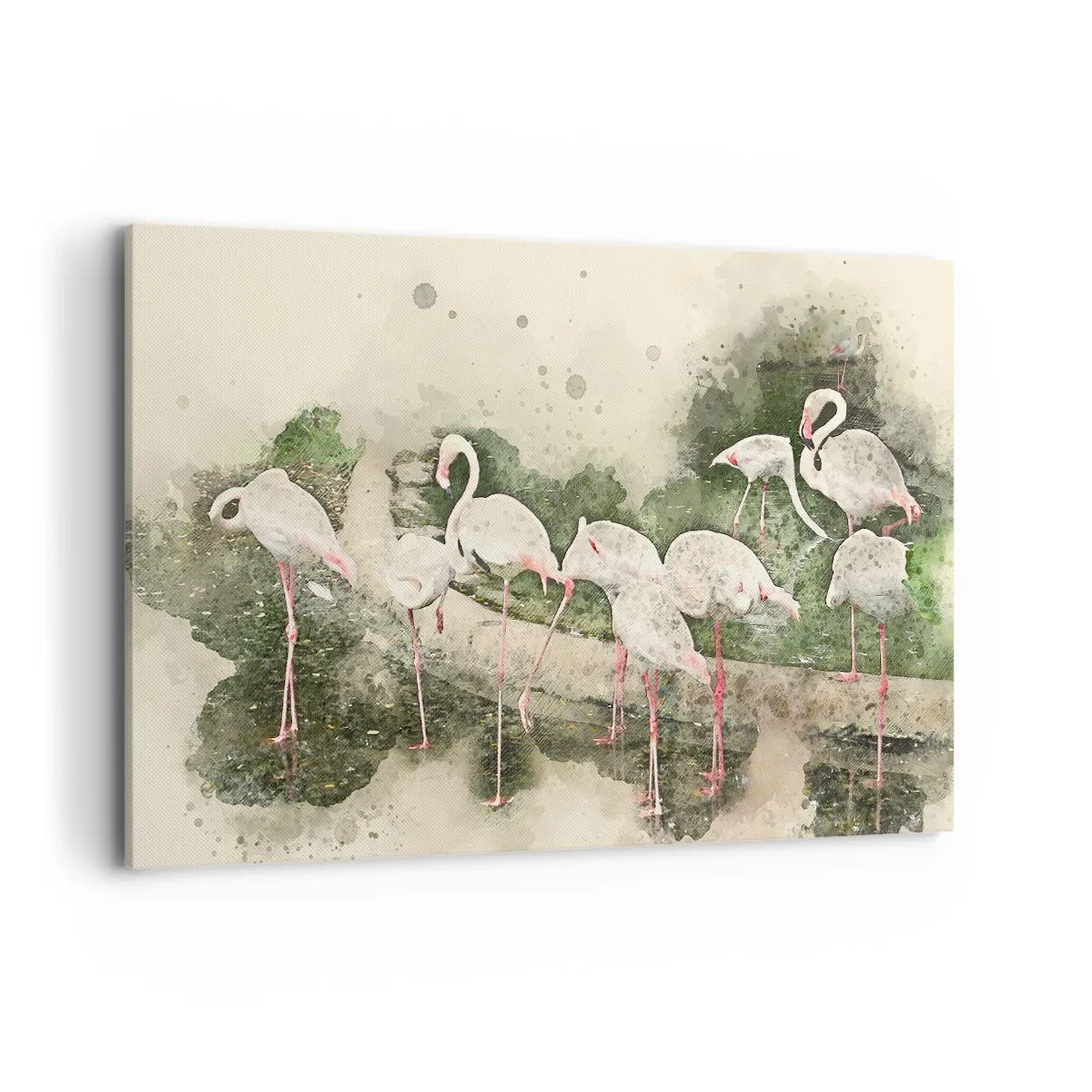 Impression sur toile - Image sur toile - Flamants roses dans leur environnement naturel dans un style aquarelle - 120x80cm - Rêve exotique - Décoration murale moderne pour le salon et la chambre ARTTOR