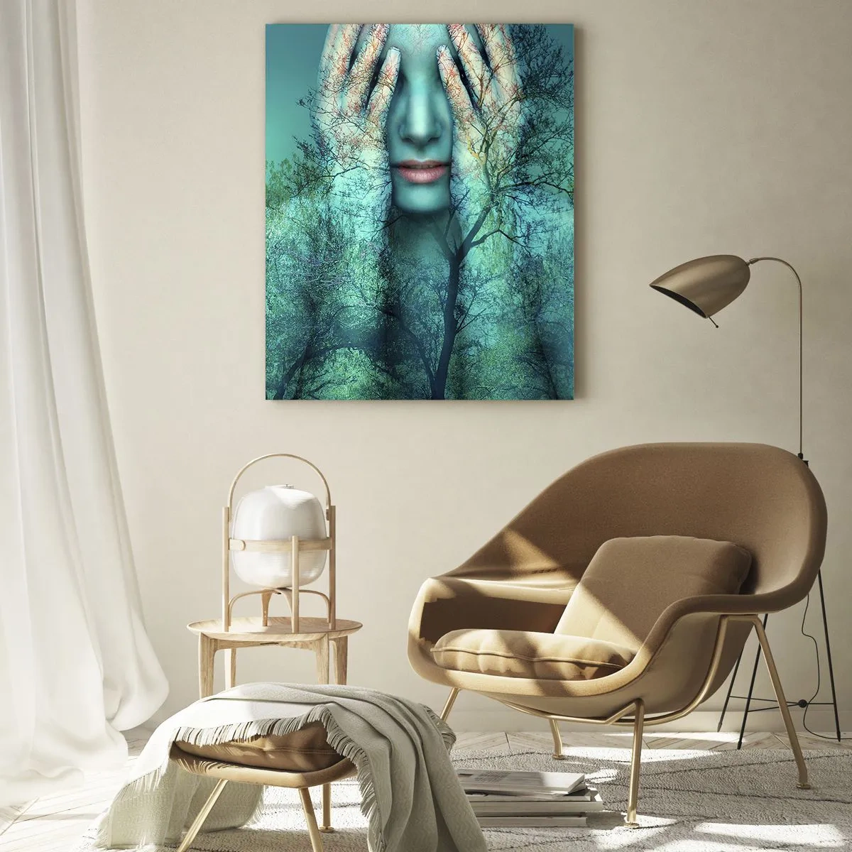 Impression sur verre - Image sur verre - Une figure de femme avec un motif d'arbre sur un fond de paysage turquoise - 70x100cm - immergé dans l'azur - Décoration murale moderne pour le salon et la chambre ARTTOR
