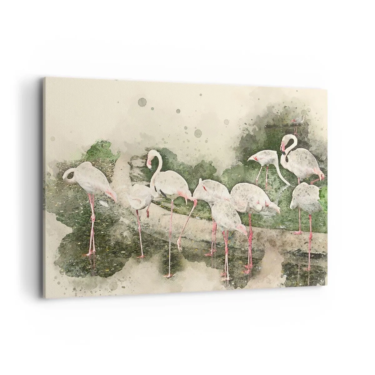 Impression sur toile - Image sur toile - Flamants roses dans leur environnement naturel dans un style aquarelle - 100x70cm - Rêve exotique - Décoration murale moderne pour le salon et la chambre ARTTOR