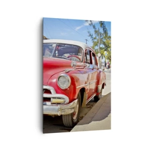 Impression sur toile - Image sur toile - Une voiture classique rouge garée dans la rue par une journée ensoleillée - 80x120cm - Seulement à Cuba - Décoration murale moderne pour le salon et la chambre ARTTOR