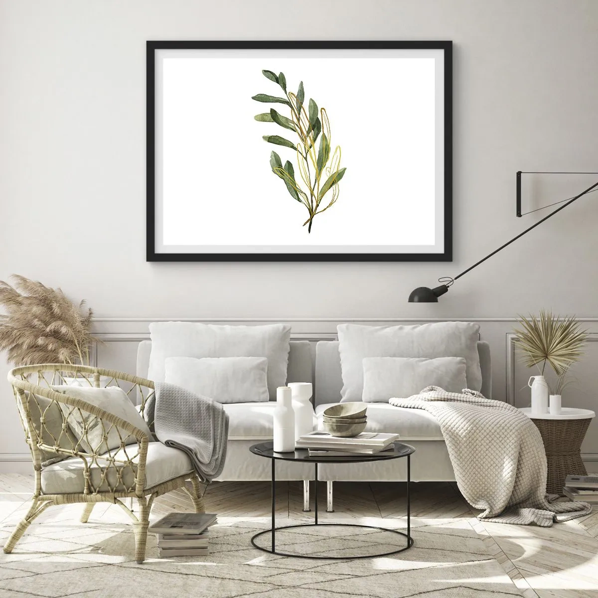 Affiche dans un cadre noir - Poster - Branche verte avec des feuilles sur fond blanc - 100x70cm - Tout ce qui est bon - Décoration murale moderne pour le salon et la chambre ARTTOR