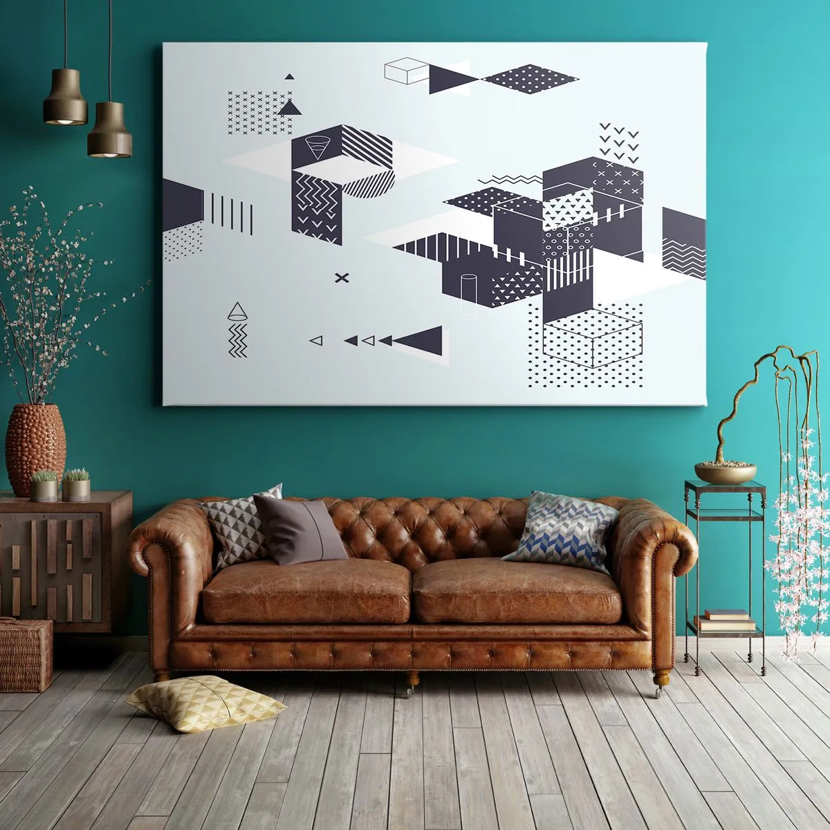 Impression sur toile - Image sur toile - Graphismes géométriques modernes dans des tons de blanc et de bleu marine - 120x80cm - Dans l'âme d'un mathématicien - Décoration murale moderne pour le salon et la chambre ARTTOR