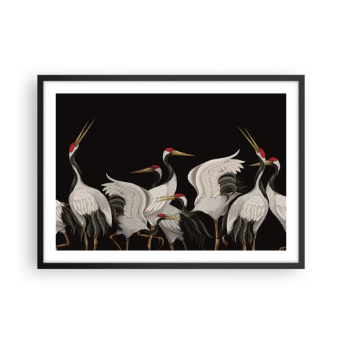 Affiche dans un cadre noir - Poster - Grues blanches avec des accents rouges sur fond noir - 70x50cm - Histoire d'oiseaux - Décoration murale moderne pour le salon et la chambre ARTTOR
