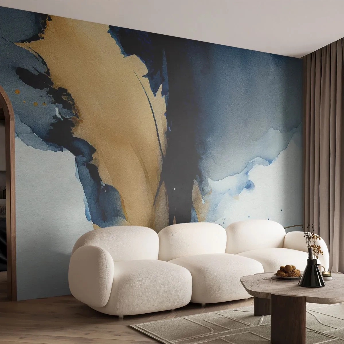 Papier Peint Photo Premium Sand - Peinture abstraite bleu marine et or de style aquarelle - 100x70cm - Derrière le rideau - Décoration murale moderne pour le salon et la chambre ARTTOR
