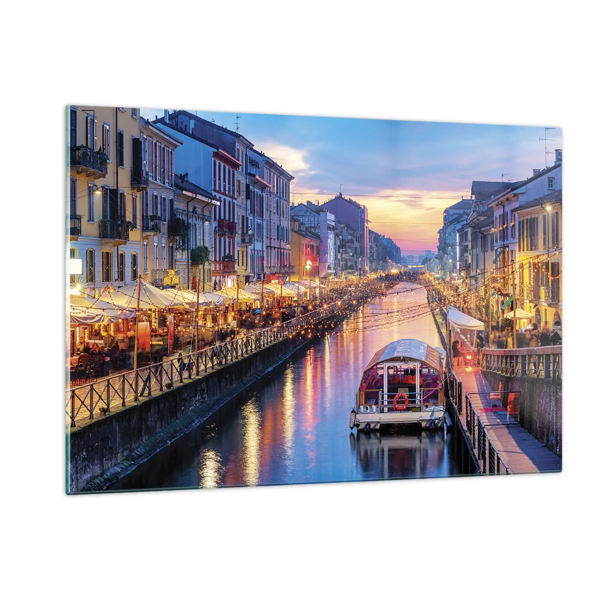 Impression sur verre - Image sur verre - Vue nocturne du canal illuminé avec bateaux et cafés - 120x80cm - Soirée de lumière et de jeu - Décoration murale moderne pour le salon et la chambre ARTTOR