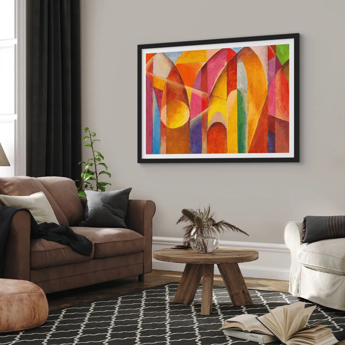 Affiche dans un cadre noir - Poster - Une composition abstraite pleine de formes géométriques colorées. - 70x50cm - Cathédrale du soleil - Décoration murale moderne pour le salon et la chambre ARTTOR