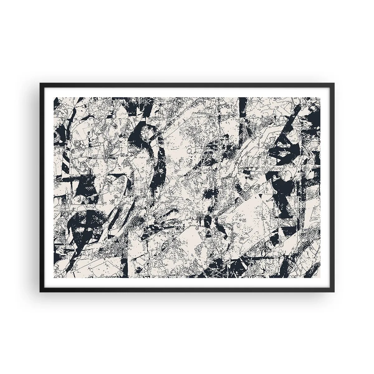 Affiche dans un cadre noir - Poster - Composition abstraite en noir et blanc avec une mise en page dynamique - 100x70cm - Interpénétration des contraires - Décoration murale moderne pour le salon et la chambre ARTTOR