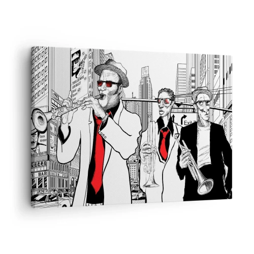 Impression sur toile - Image sur toile - Illustration de musiciens de jazz sur fond urbain - 70x50cm - Rhapsodie urbaine en noir et rouge - Décoration murale moderne pour le salon et la chambre ARTTOR