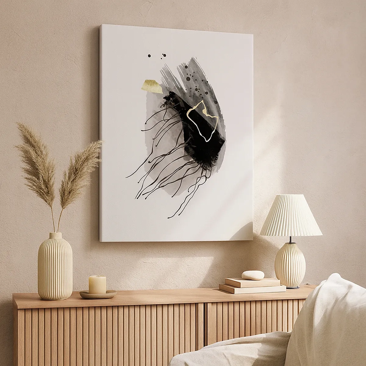 Impression sur toile - Image sur toile - Une composition abstraite avec des accents de noir et d'or. - 50x70cm - En noir et en or - Décoration murale moderne pour le salon et la chambre ARTTOR