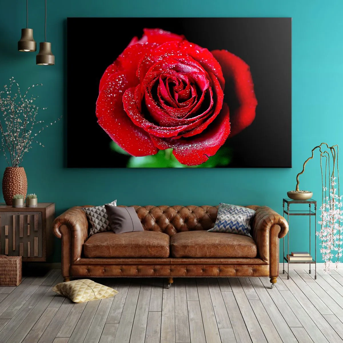Impression sur toile - Image sur toile - Une rose rouge couverte de gouttes de rosée sur fond noir. - 120x80cm - C'est ça l'amour - Décoration murale moderne pour le salon et la chambre ARTTOR