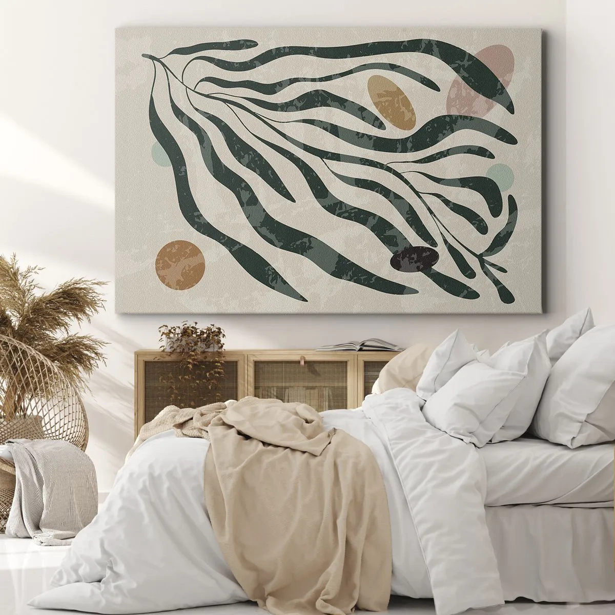 Impression sur toile - Image sur toile - Lignes et formes organiques en vert et beige - 120x80cm - Parmi la verdure - Décoration murale moderne pour le salon et la chambre ARTTOR