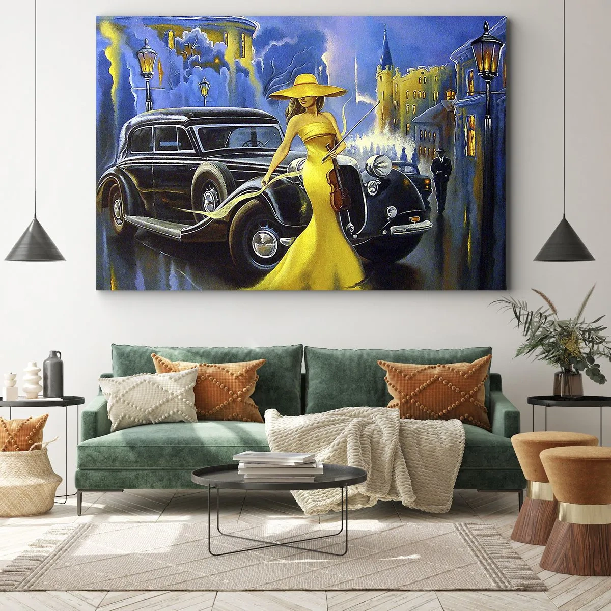 Impression sur toile - Image sur toile - Une femme en robe jaune avec un violon à côté d'une voiture rétro. - 70x50cm - Nocturne pour violon et amour - Décoration murale moderne pour le salon et la chambre ARTTOR