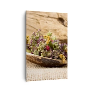 Impression sur toile - Image sur toile - Herbes séchées dans une cuillère en bois sur un fond en bois naturel - 80x120cm - Fleurs colorées et herbes parfumées - Décoration murale moderne pour le salon et la chambre ARTTOR