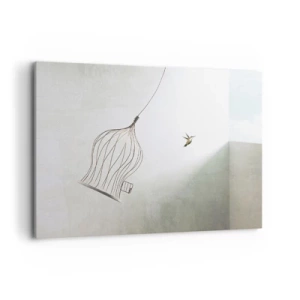 Impression sur toile - Image sur toile - Un oiseau libéré d'une cage sur fond de ciel lumineux - 100x70cm - Dans son élément - Décoration murale moderne pour le salon et la chambre ARTTOR