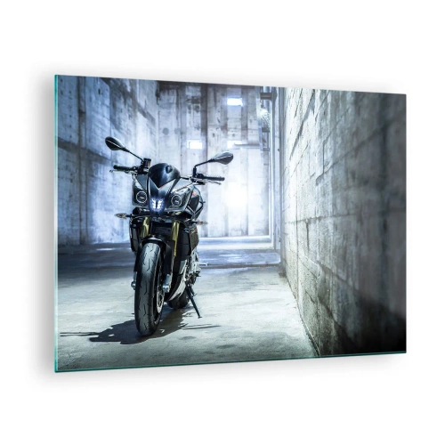 Impression sur verre - Image sur verre - Une moto dans un intérieur industriel avec des murs en béton - 70x50cm - Avant que le moteur ne rugisse - Décoration murale moderne pour le salon et la chambre ARTTOR