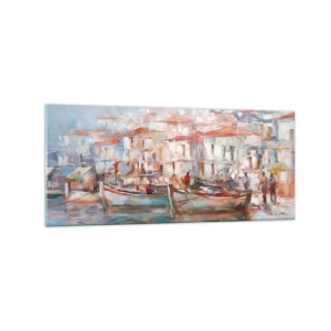 Impression sur verre - Image sur verre - Impression de port avec bateaux et bâtiments - 120x50cm - Vacances pastelles - Décoration murale moderne pour le salon et la chambre ARTTOR