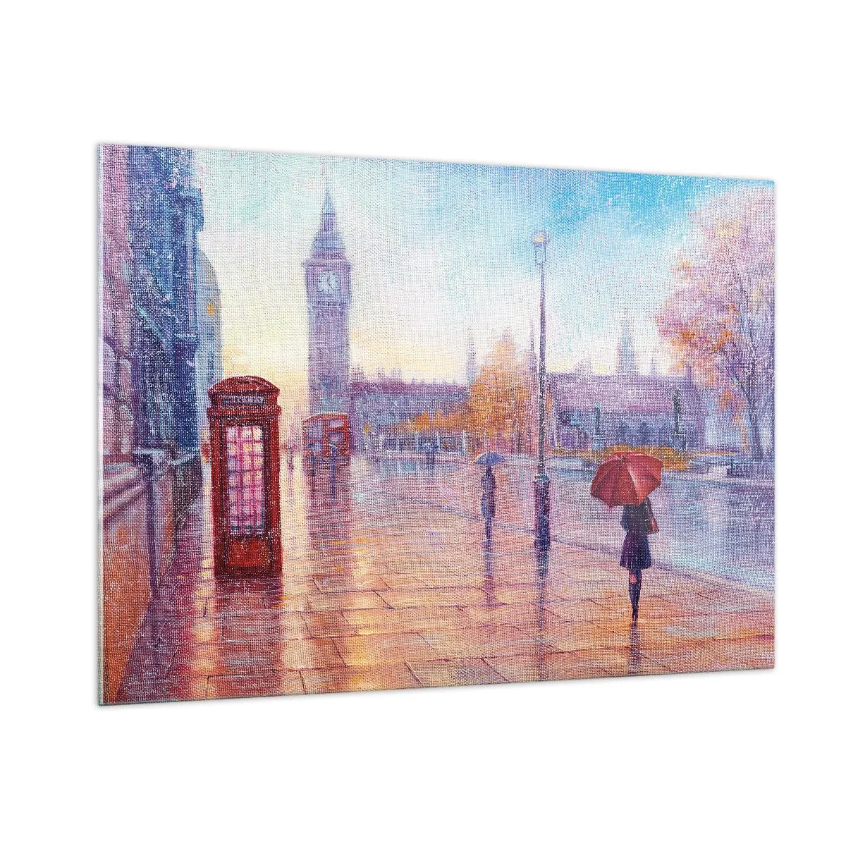 Impression sur verre - Image sur verre - Scène londonienne sous la pluie avec Big Ben et la boîte rouge - 100x70cm - Jour automnal londonien - Décoration murale moderne pour le salon et la chambre ARTTOR