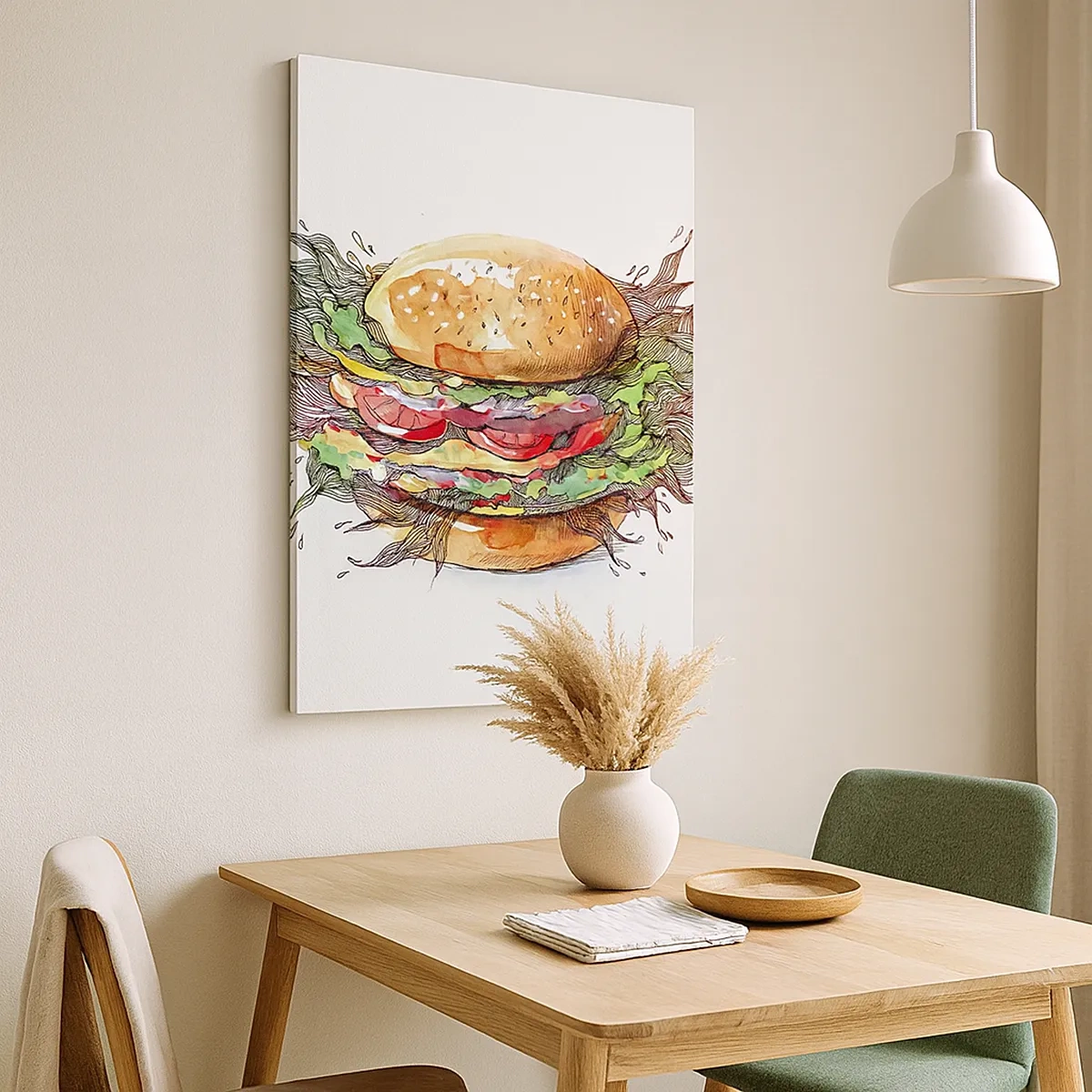 Impression sur toile - Image sur toile - Illustration artistique d'un burger avec des éléments dynamiques - 50x70cm - Tentation chaude - Décoration murale moderne pour le salon et la chambre ARTTOR