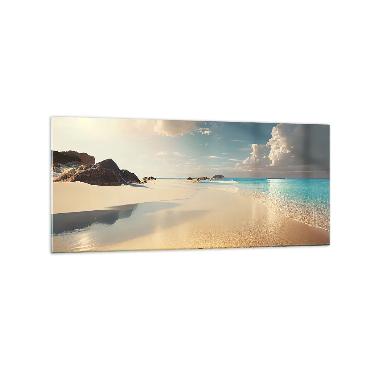 Impression sur verre - Image sur verre - Une plage ensoleillée avec une mer bleue et des rochers - 120x50cm - Une journée de rêve - Décoration murale moderne pour le salon et la chambre ARTTOR