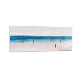 Impression sur verre - Image sur verre - Une plage avec des gens sur fond de mer calme - 140x50cm - Un besoin naturel - Décoration murale moderne pour le salon et la chambre ARTTOR