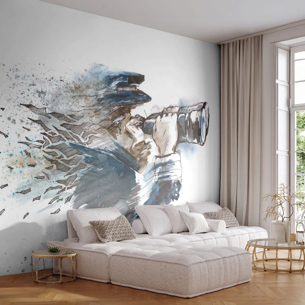 Papier Peint Photo Premium Sand - Capitaine avec un télescope dans un style aquarelle - 100x70cm - Dix sur l'échelle de Beaufort ! - Décoration murale moderne pour le salon et la chambre ARTTOR