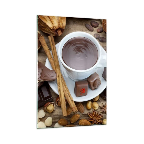Impression sur verre - Image sur verre - Une tasse de chocolat chaud entourée d'ingrédients de dessert - 80x120cm - D'une chocolaterie de conte de fées - Décoration murale moderne pour le salon et la chambre ARTTOR