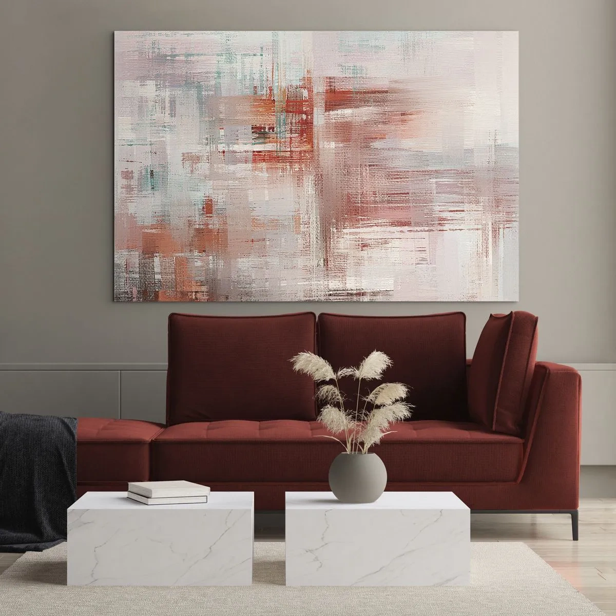 Impression sur verre - Image sur verre - Une composition abstraite dans les tons de rouge et de beige. - 120x80cm - Brumeux. Mais rose - Décoration murale moderne pour le salon et la chambre ARTTOR