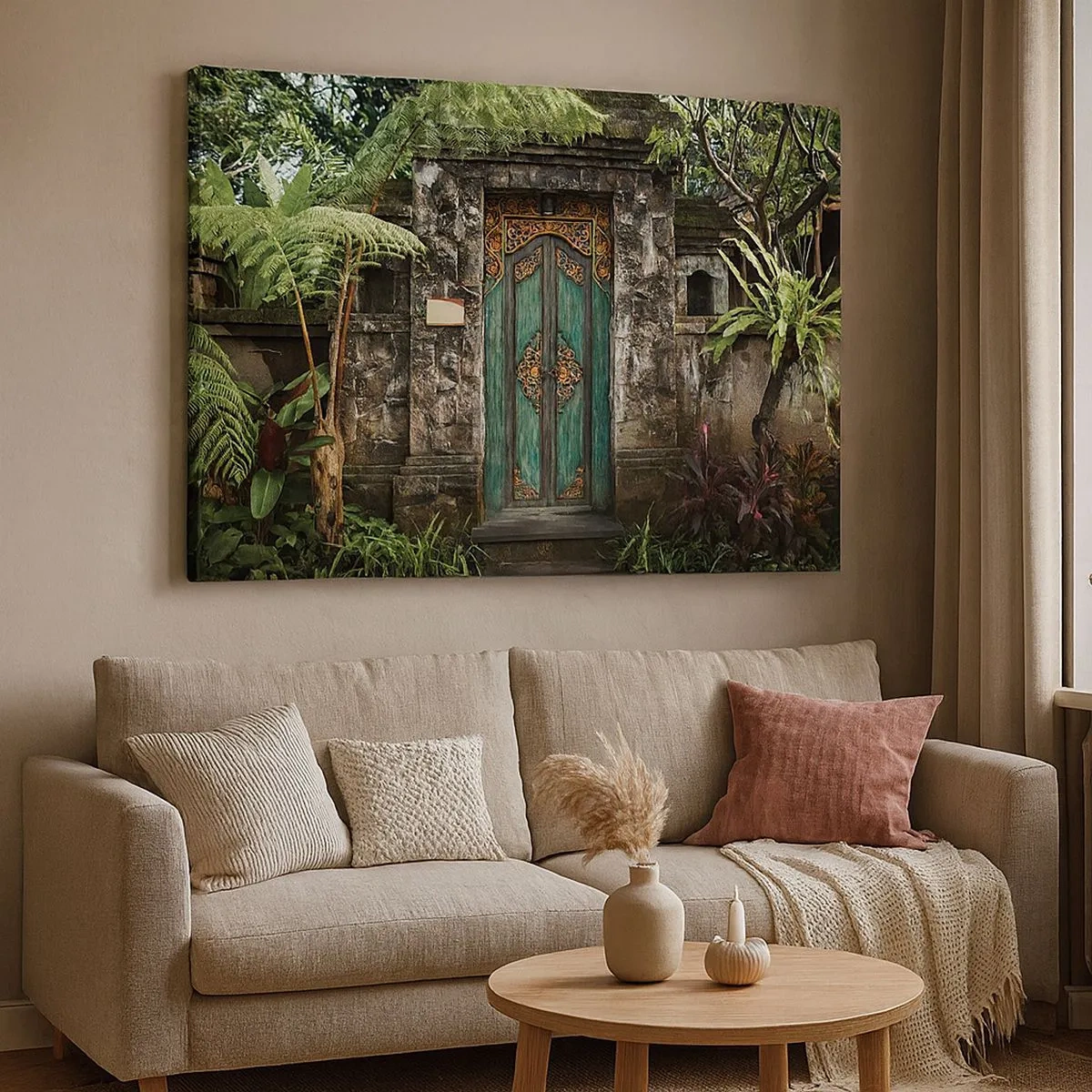 Impression sur toile - Image sur toile - Portes décoratives entourées de végétation tropicale - 70x50cm - Porte vers un monde exotique - Décoration murale moderne pour le salon et la chambre ARTTOR