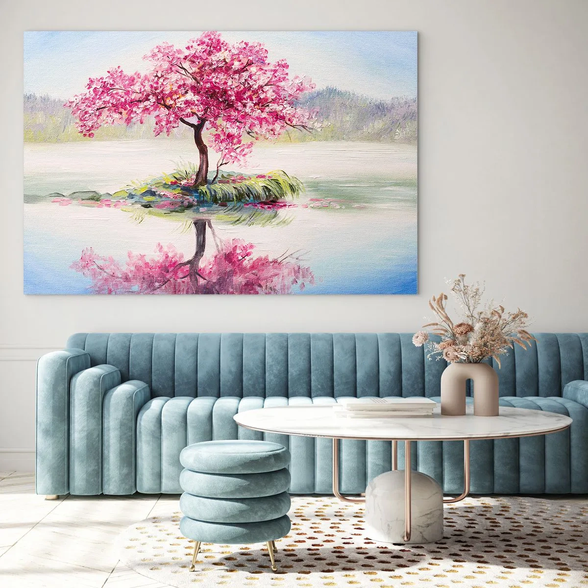 Impression sur verre - Image sur verre - Un arbre rose sur une île se reflétant dans l'eau calme - 70x50cm - Fête du Printemps - Décoration murale moderne pour le salon et la chambre ARTTOR