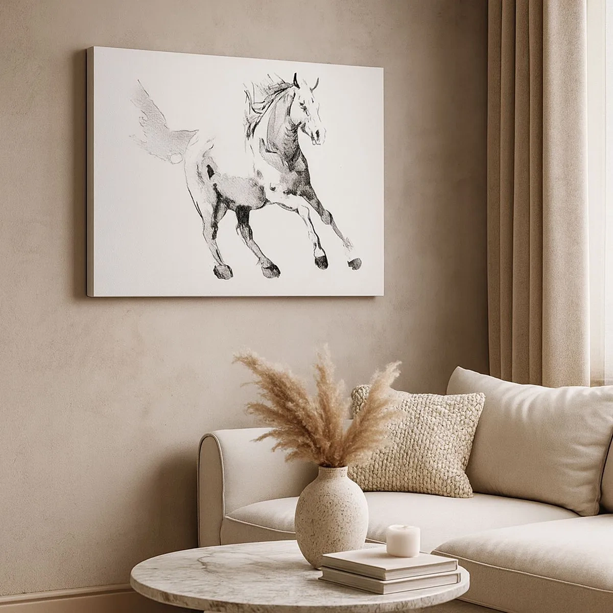 Impression sur toile - Image sur toile - Croquis d'un cheval au galop dans des tons de noir et blanc - 70x50cm - Âme indomptée - Décoration murale moderne pour le salon et la chambre ARTTOR