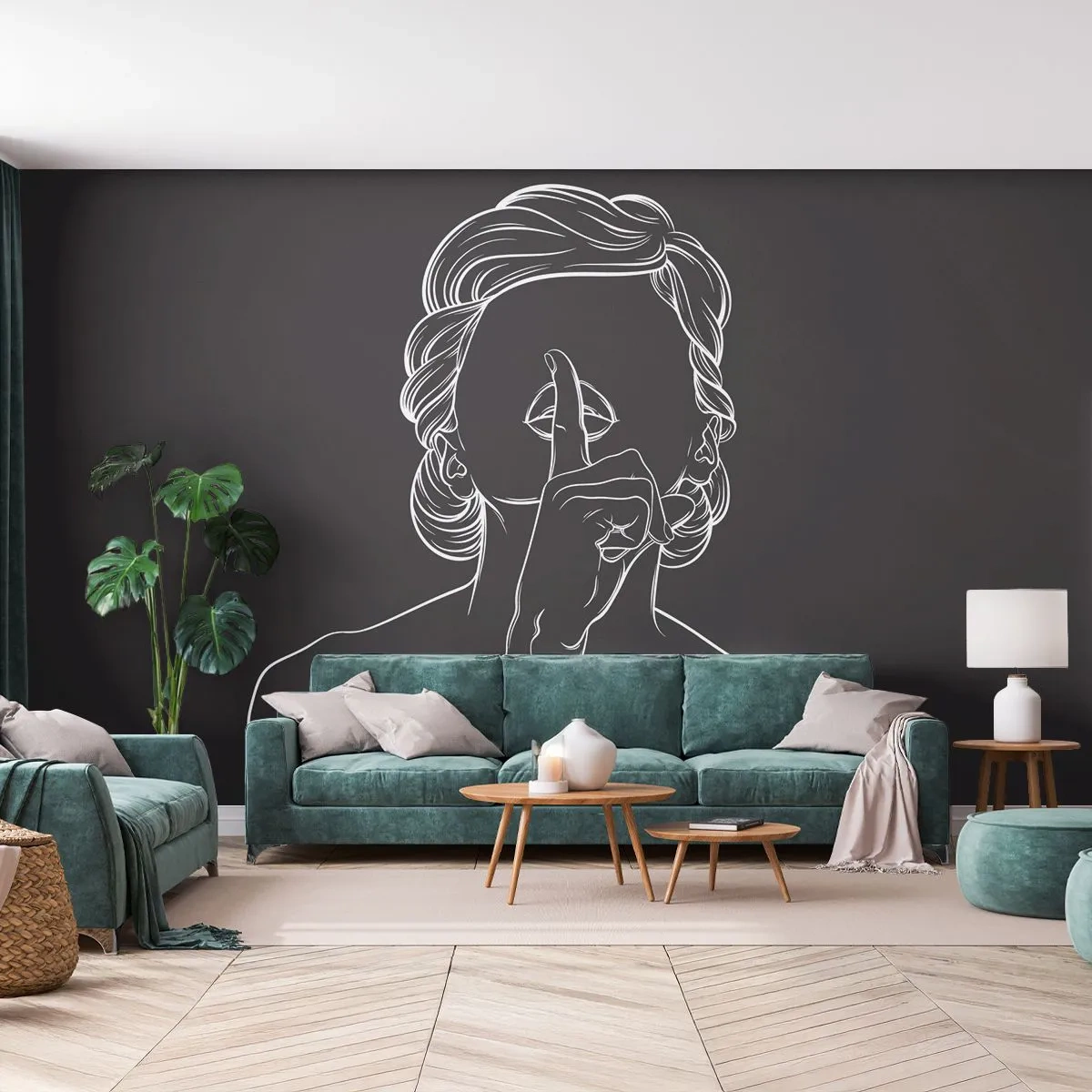 Papier Peint Photo Premium Sand - Dessin au contour d'une femme sur fond noir faisant un geste de silence - 100x70cm - La beauté s'épanouit en silence - Décoration murale moderne pour le salon et la chambre ARTTOR