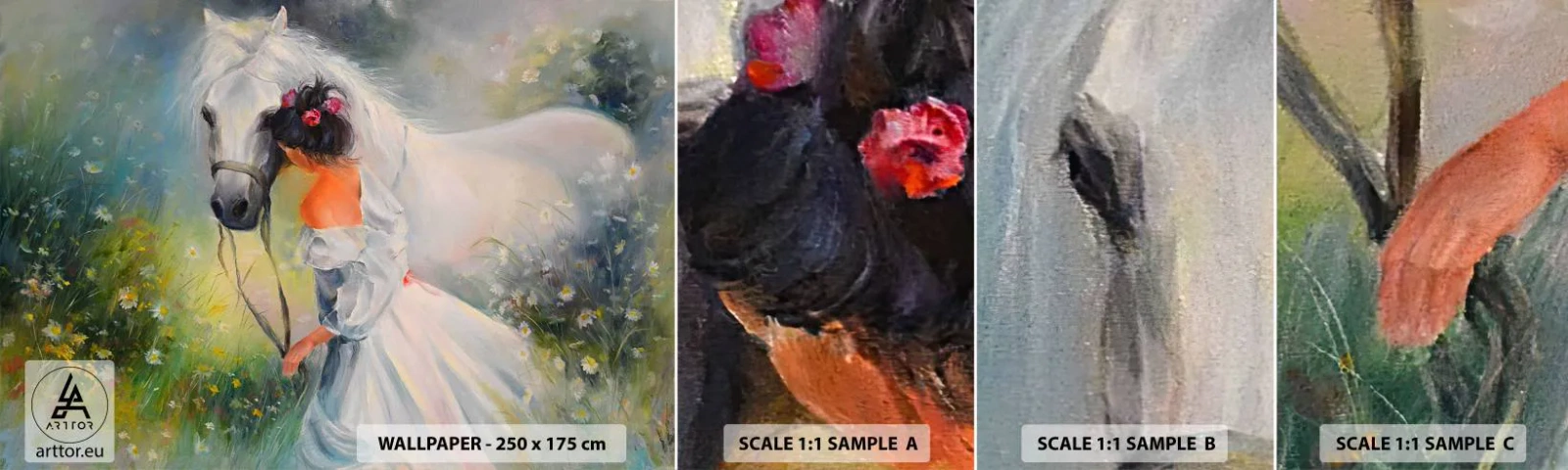 Échantillon De Papier Peint Standard Eco - Comme dans un beau rêve - Femme, Cheval, Prairie - 100x30 cm