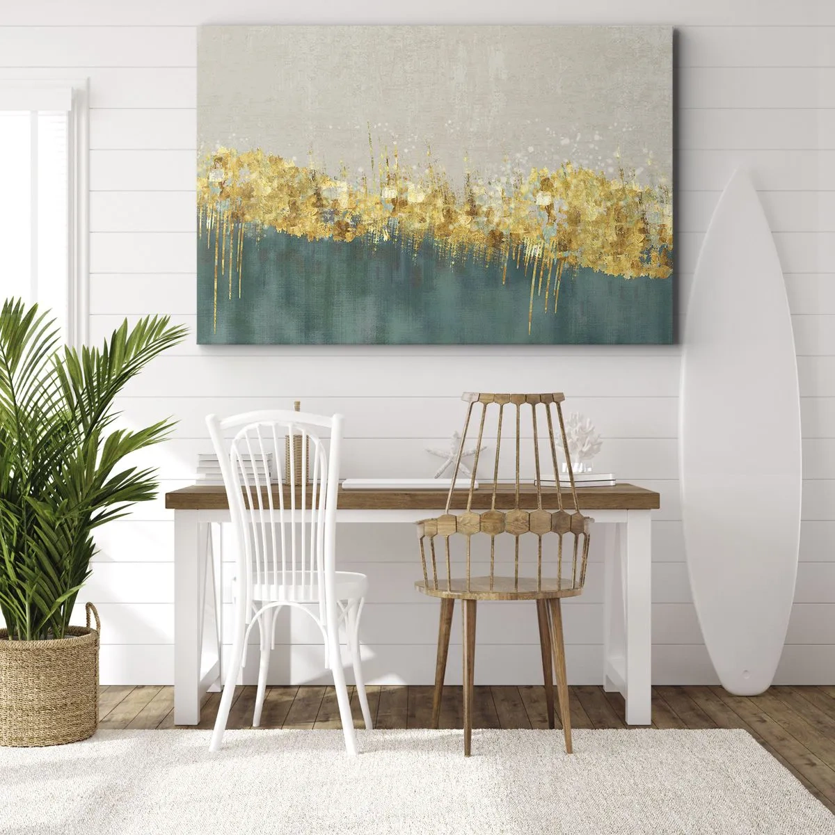Impression sur toile - Image sur toile - Des accents dorés sur un fond vert-beige - 70x50cm - La frontière dorée - Décoration murale moderne pour le salon et la chambre ARTTOR