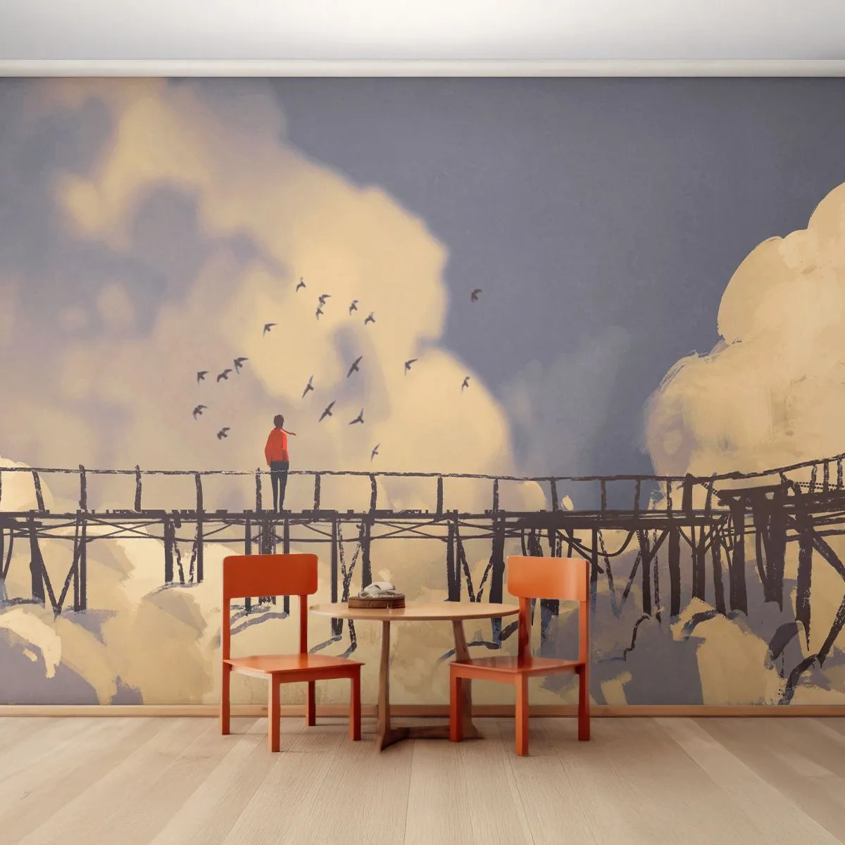 Papier Peint Photo Premium Canvas - Une silhouette sur un pont parmi les nuages avec des oiseaux dans le ciel - 100x70cm - Bleu nostalgie - Décoration murale moderne pour le salon et la chambre ARTTOR