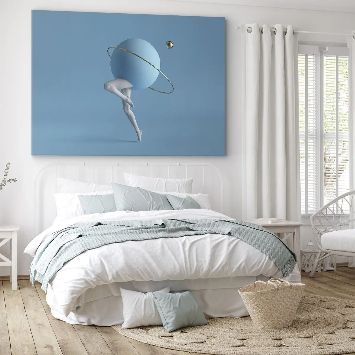 Impression sur toile - Image sur toile - Une sphère bleue avec une orbite et des jambes humaines contre le ciel - 120x80cm - Et les planètes deviennent folles - Décoration murale moderne pour le salon et la chambre ARTTOR