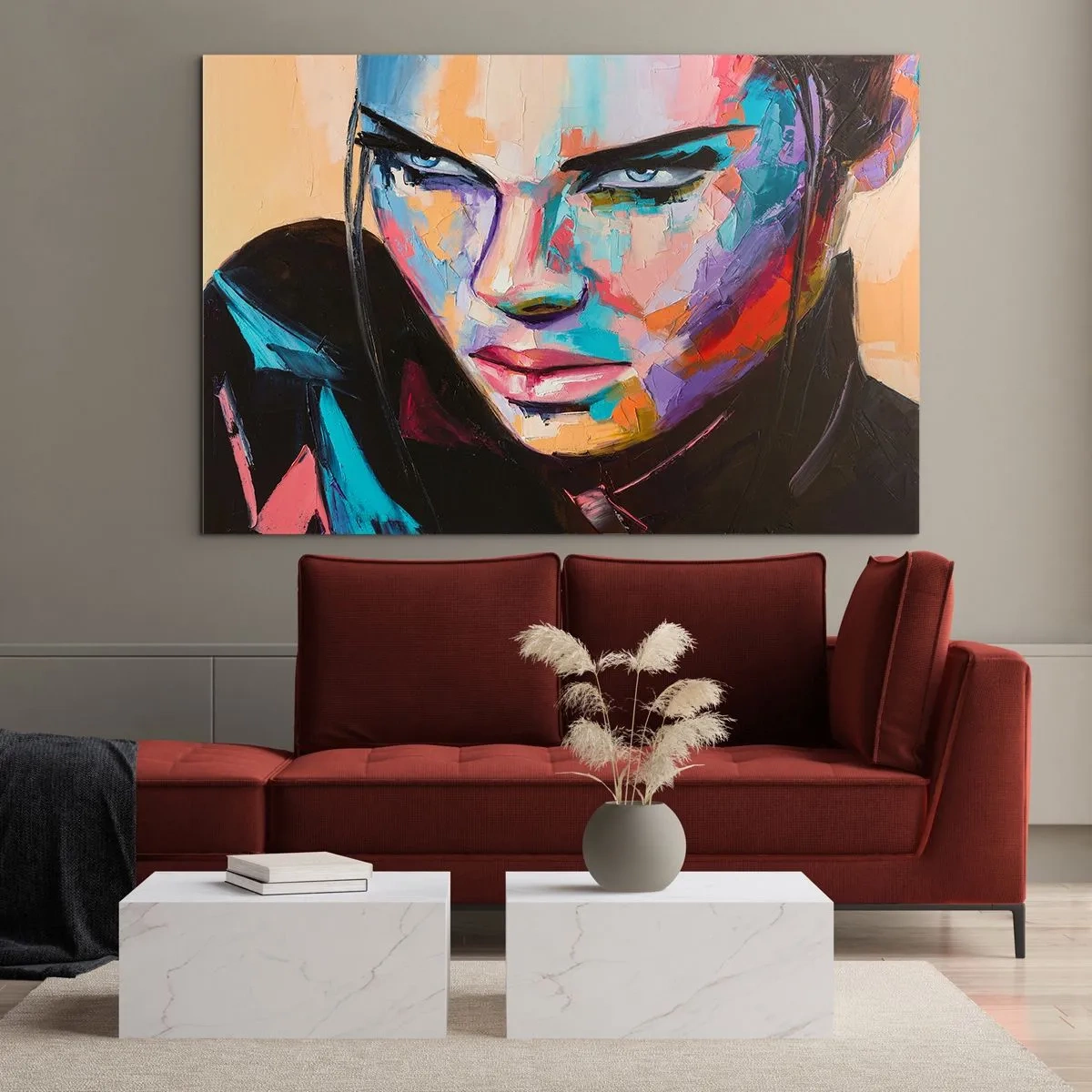 Impression sur verre - Image sur verre - Portrait d'une femme aux couleurs vives sur un fond abstrait - 120x80cm - Le coeur sauvageon - Décoration murale moderne pour le salon et la chambre ARTTOR